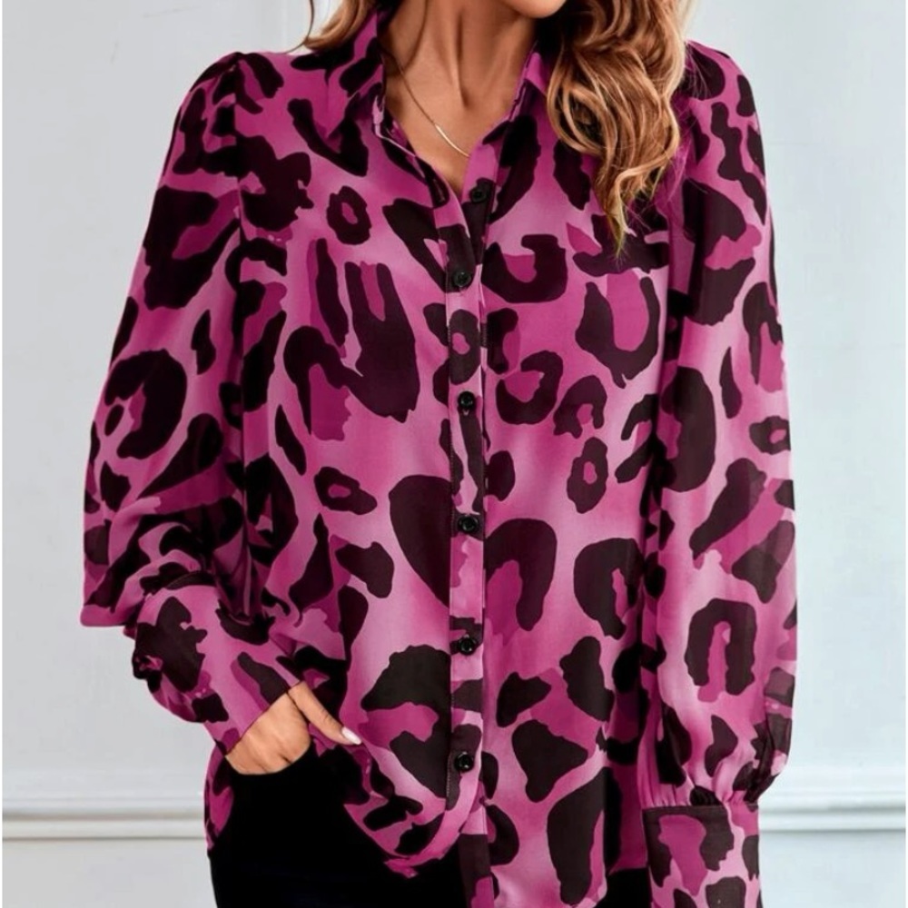 New pink leopard print button down top - Picture 2 of 6